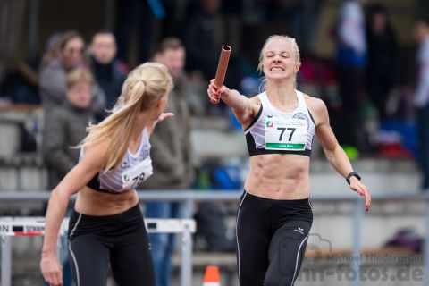 Nelly Schmidt (LT DSHS Koeln), Laura Marx (LT DSHS Koeln); NRW Langstaffelmeisterschaften am 11.05.2019 im Hembergstadion in Iserlohn (Nordrhein-Westfalen), Foto: Michael Niederpruem