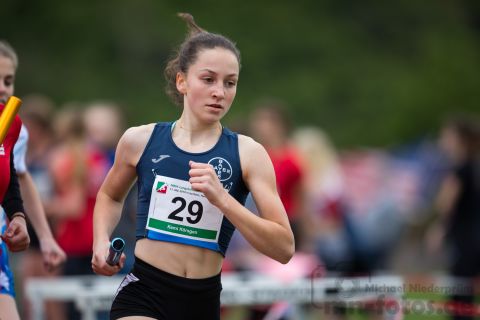 Kemi Koersgen (LAV Bayer Uerdingen/Dormagen); NRW Langstaffelmeisterschaften am 11.05.2019 im Hembergstadion in Iserlohn (Nordrhein-Westfalen), Foto: Michael Niederpruem