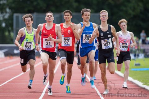 Moritz Ringk (SC Myhl LA), Pascal Kleyer (LG Region Karlsruhe), Constantin Schulz (LC Cottbus), Oskar Schwarzer (TV Groß-Gerau), Robert Farken (SC DHfK Leipzig), Jonte Fischer (LG Neckar-Enz); Deutsche U23 Meisterschaften am 15.06.2019 im Stadion Wetzlar in Wetzlar (Hessen), Foto: Michael Niederpruem