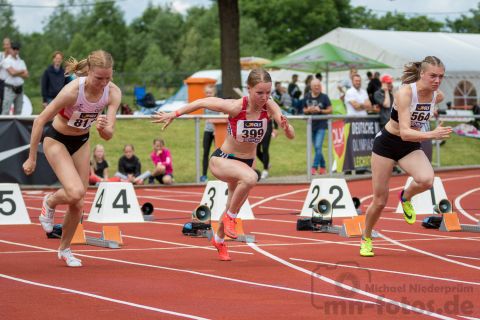 Lisa Maihoefer (LC Rehlingen), Wiebke Griephan (LAV Ribnitz-Damgarten/Sanitz), Greta Heine (LT DSHS Koeln); Deutsche U23 Meisterschaften am 16.06.2019 im Stadion Wetzlar in Wetzlar (Hessen), Foto: Michael Niederpruem