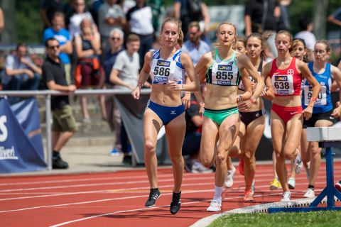 Celine Ritter (TuS Koeln rrh.), Julia Klein (SC DHfK Leipzig), Berit Scheid (TSV Bayer 04 Leverkusen); Deutsche U23 Meisterschaften am 16.06.2019 im Stadion Wetzlar in Wetzlar (Hessen), Foto: Michael Niederpruem
